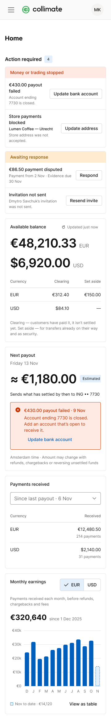 The sub-merchant dashboard: available balance, the next payout, and a failed payout with the reason and the action to fix it.