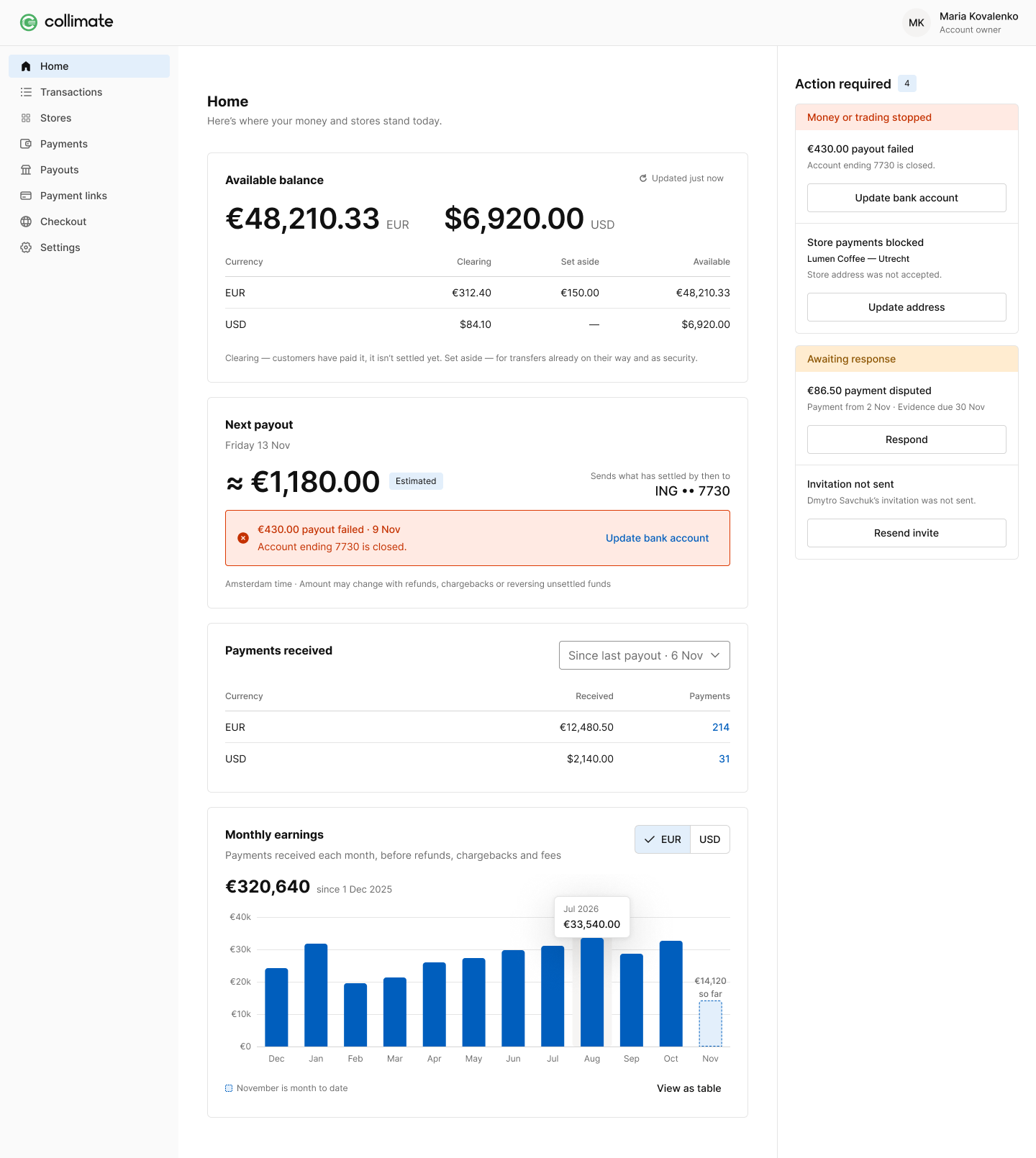 The sub-merchant dashboard: available balance, the next payout, and a failed payout with the reason and the action to fix it.