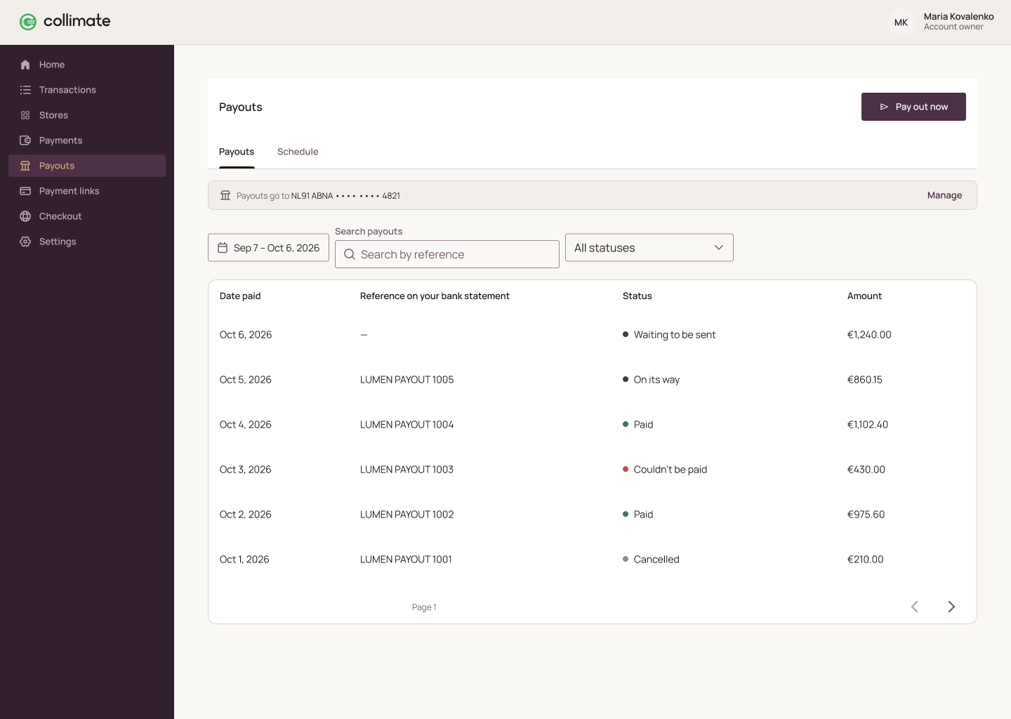 A sub-merchant portal in a platform's own branding, on its own domain, showing the payouts screen.